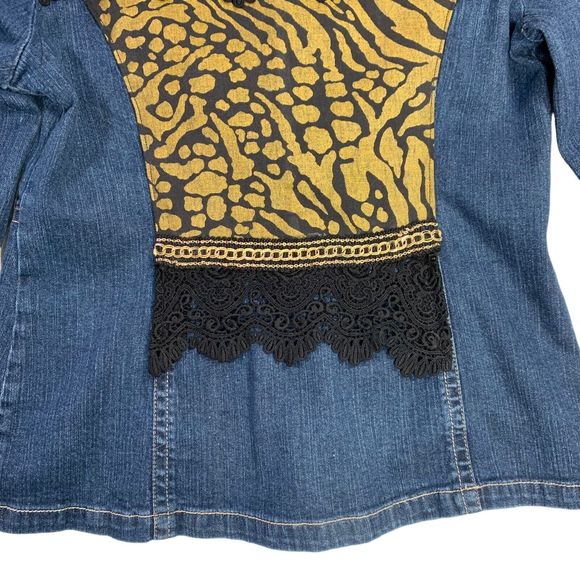 Elegant Boho Denim Jacket Black Lace Gold Chain Rockstar Y2K Goth Glam - Picture 11 of 16